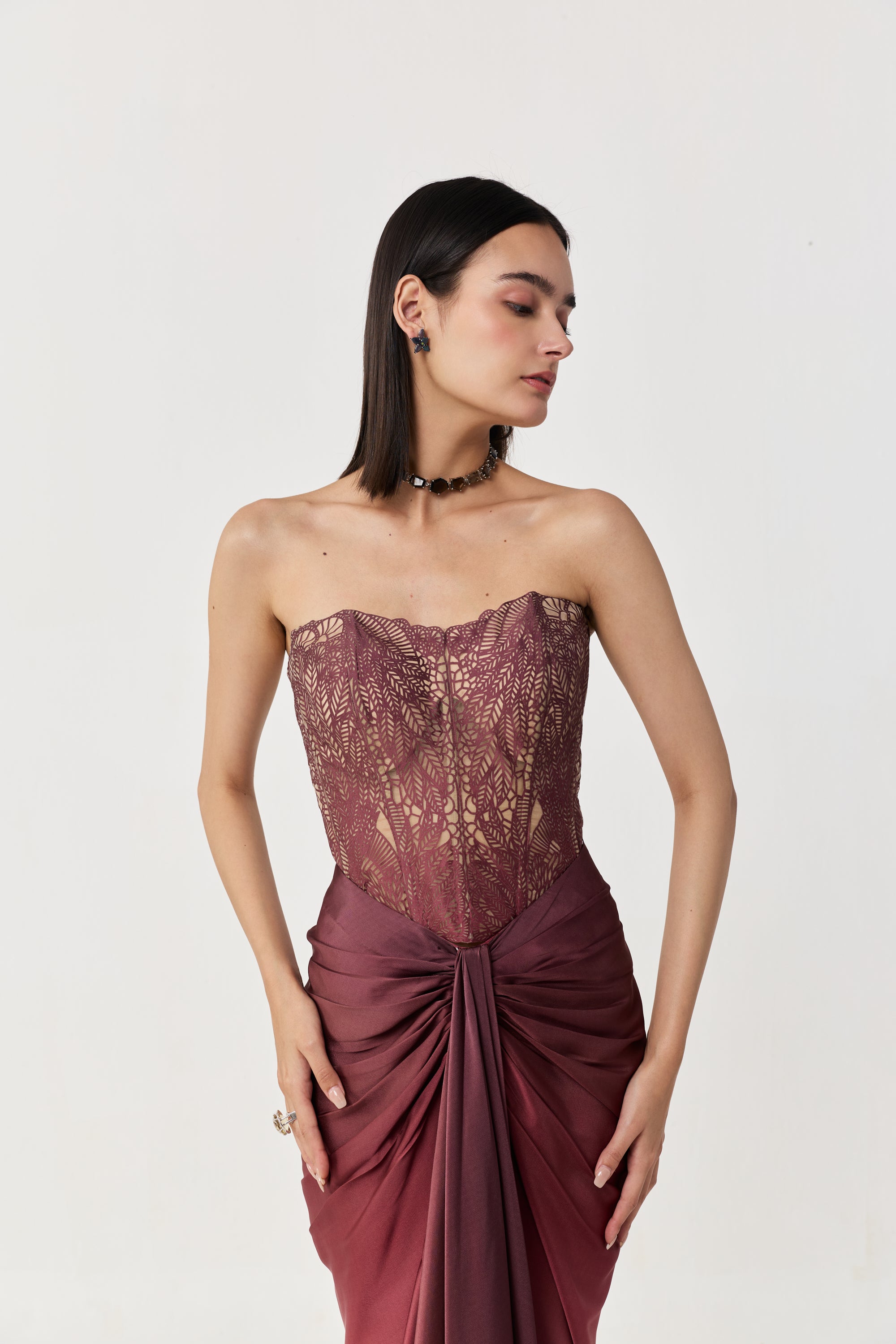 Moss Forest Applique' Corset Skirt Set - Maroon Ombre