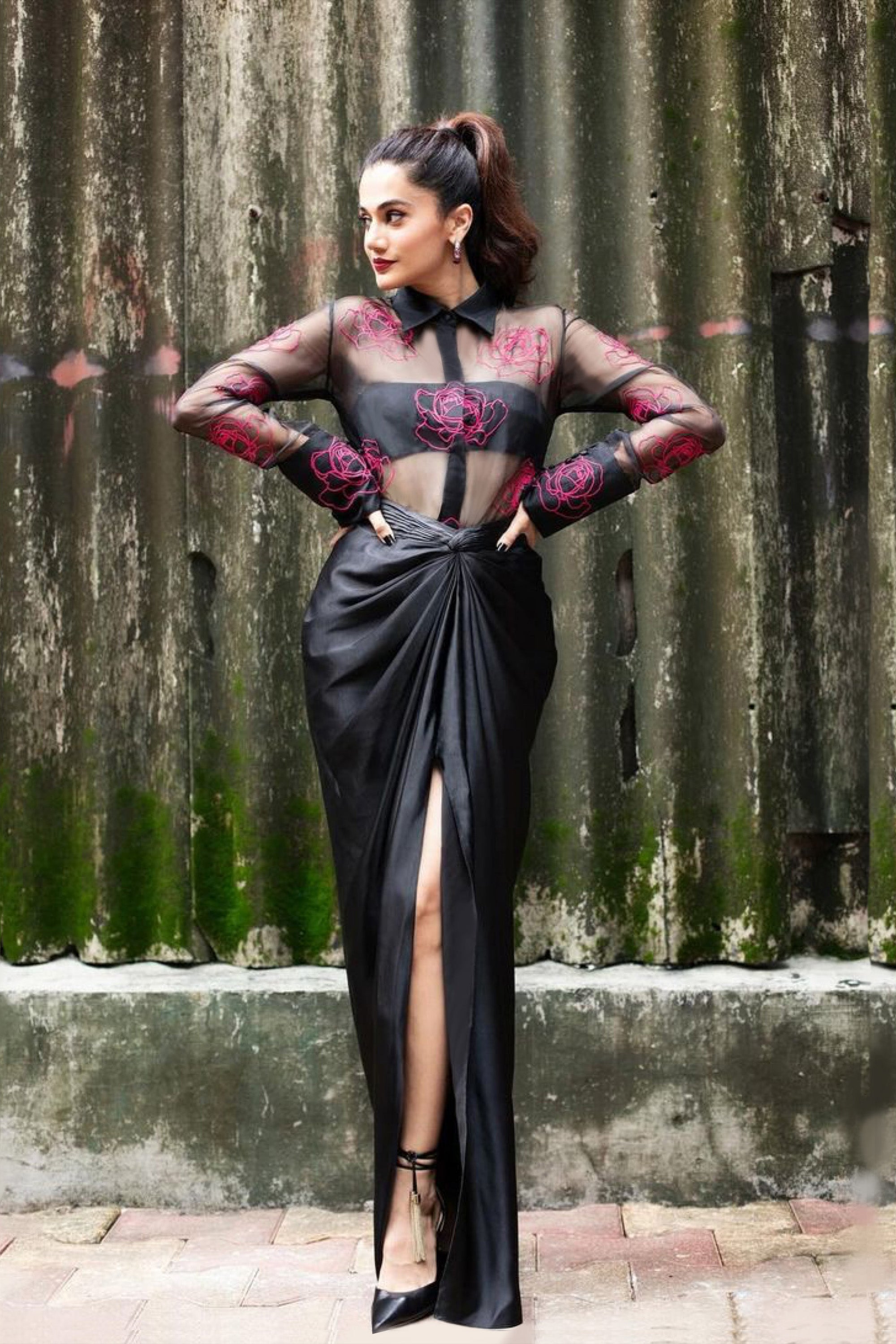Sheer shirt with dimensional roses paired with twist skirt